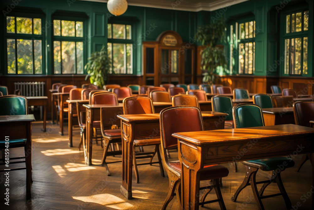 Vintage library interior with warm sunlight casting a glow on wooden chairs and tables, evoking a sense of quiet study and timeless knowledge.