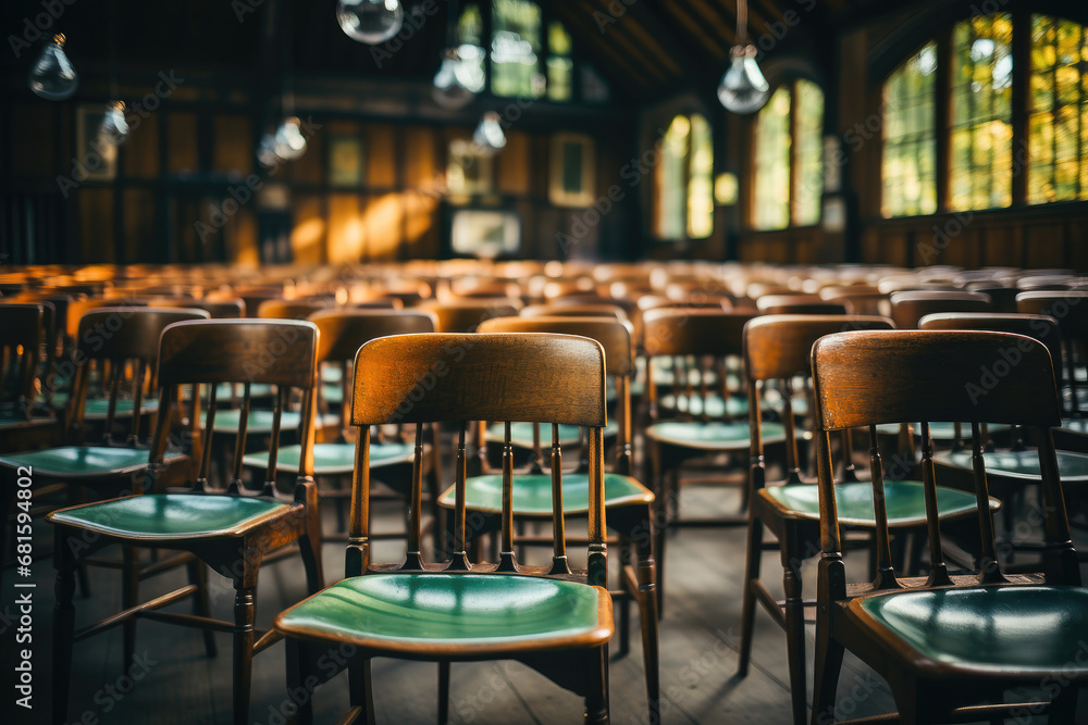 Rows of vintage wooden chairs in an empty classroom with warm lighting and stained glass windows, capturing a sense of history and education.
