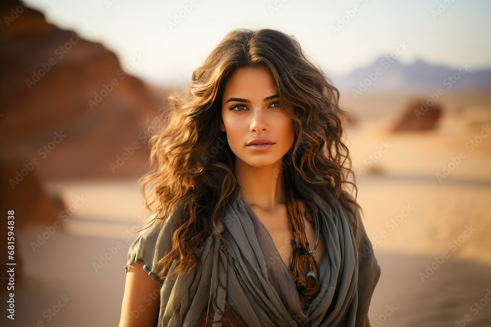 Stunning portrait of a young woman styled in desert fashion, exuding confidence and serenity in a warm, sandy landscape. Stunning portrait of a young woman styled in desert fashion, exuding confidence and serenity in a warm, sandy landscape.