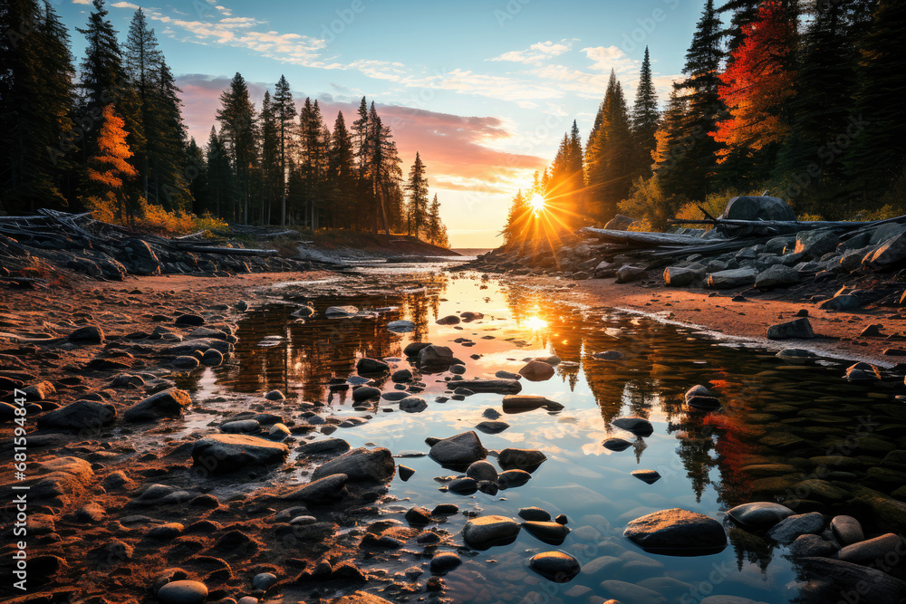 A serene sunset over a river, with autumn trees and a golden sky reflecting on the water.