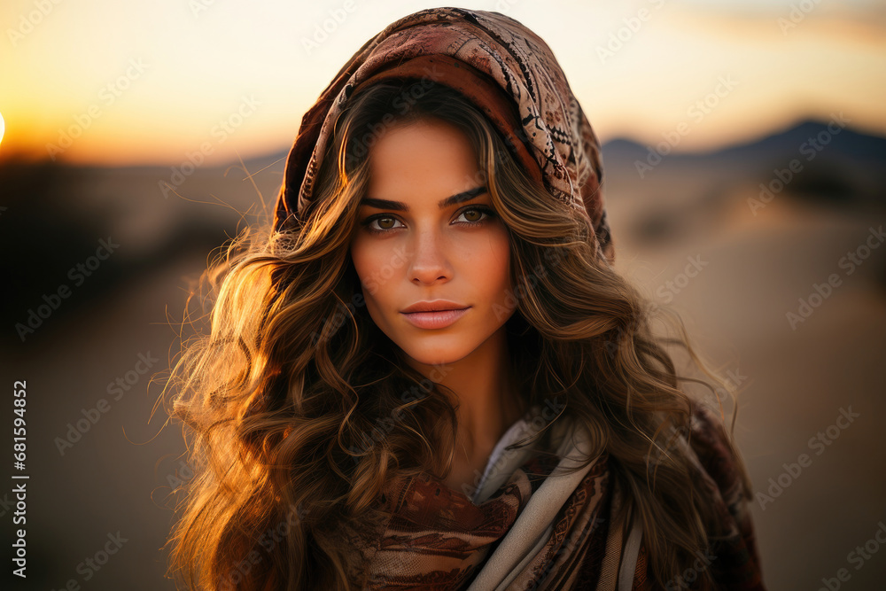 Elegant young woman in a stylish headscarf with glowing sunset light illuminating her beautiful features. Elegant young woman in a stylish headscarf with glowing sunset light illuminating her beautiful features.