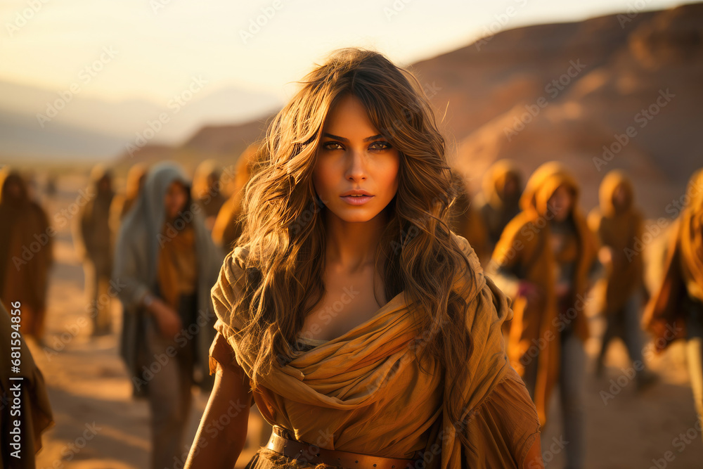 A stunning woman in tribal attire leads a group through the desert at sunset, exuding strength and mystery. A stunning woman in tribal attire leads a group through the desert at sunset, exuding strength and mystery.