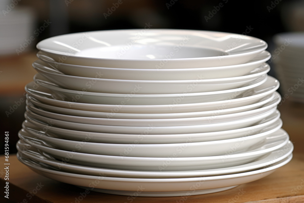 Close-up of a neatly arranged stack of plain white dishes. Close-up of a neatly arranged stack of plain white dishes.