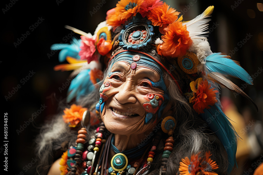 Portrait of an elderly indigenous woman in traditional dress with a warm, heartfelt smile during a cultural celebration. Portrait of an elderly indigenous woman in traditional dress with a warm, heartfelt smile during a cultural celebration.