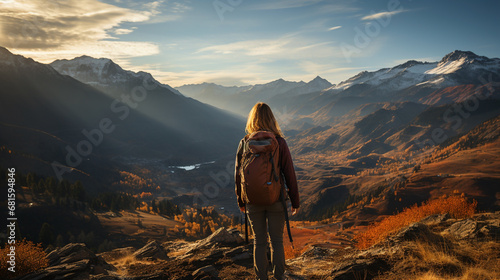 Traveler women with back pack at a mountain peak and looking at misty mountain range landscape with cloudy sky  photo
