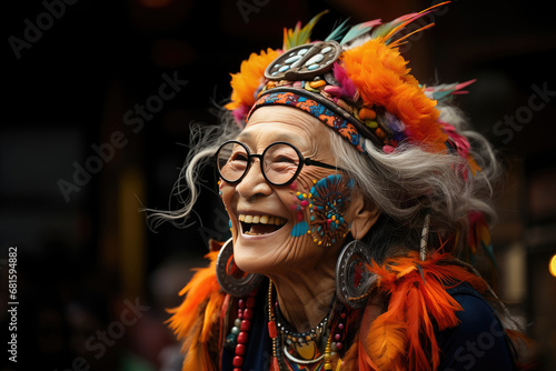 Cheerful elderly woman in vibrant traditional costume smiling joyfully at a festive cultural event.