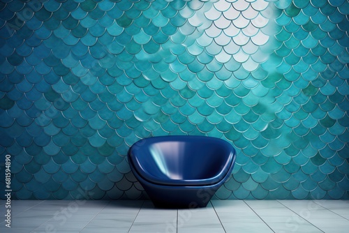  a blue chair sitting on top of a tiled floor next to a wall with a fish scale pattern on it's back and a blue wall behind it is a white tiled floor. photo