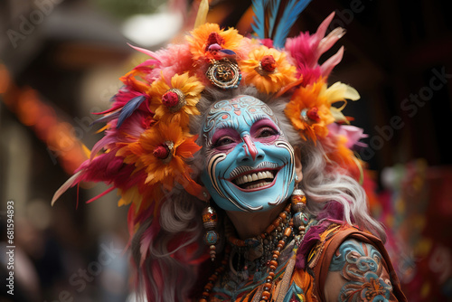 Vibrant portrait of a smiling woman in an ornate carnival costume with colorful feathers and intricate makeup. © apratim