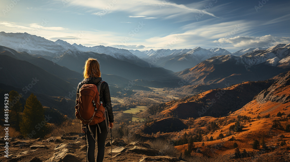 Traveler girl with back pack at a mountain peak and looking at misty mountain range landscape with cloudy morning sky sunset 