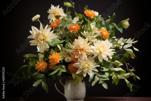  a bouquet of white and orange flowers in a white vase on a wooden table in front of a black background with a green leafy branch in the foreground.