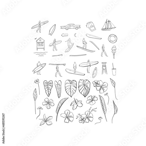 Photography Hand drawn vector abstract simple minimalistic line art graphic drawing tropical palm leaves,flowers and surfers collection set isolated