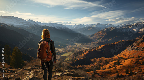 Traveler girl with back pack at a mountain peak and looking at misty mountain range landscape with cloudy morning sky sunset  © Sudarshana