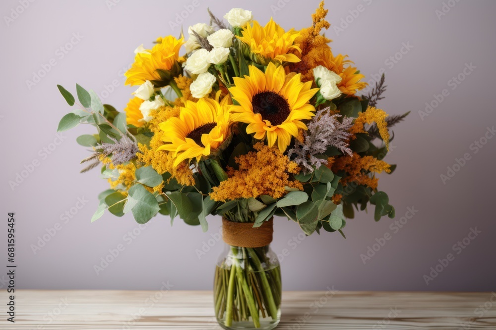a bouquet of sunflowers and other flowers in a glass vase on a wooden table in front of a gray wall and a wooden table with a purple background. a bouquet of sunflowers and other flowers in a glass vase on a wooden table in front of a gray wall and a wooden table with a purple background.