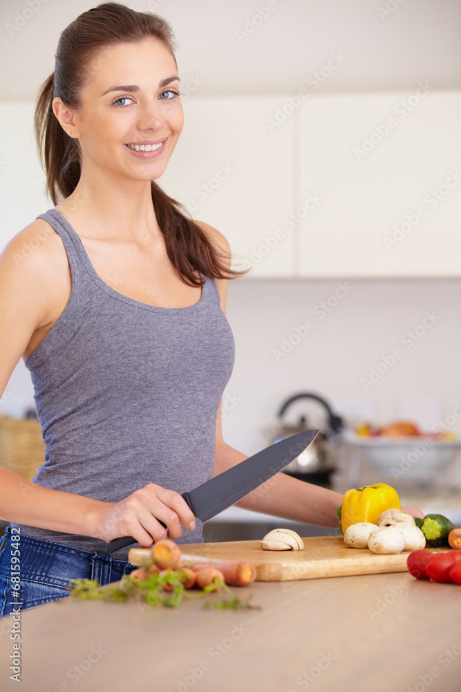 Woman, portrait and smile with knife or vegetables for nutrition, cooking or healthy meal in kitchen of home. Person, face and chopping board with mushroom, peppers and carrots for wellness and diet Woman, portrait and smile with knife or vegetables for nutrition, cooking or healthy meal in kitchen of home. Person, face and chopping board with mushroom, peppers and carrots for wellness and diet