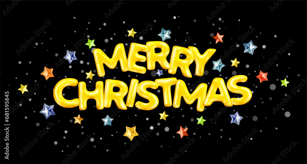 Vector christmas illustration of word merry christmas on black color background with star. 3d style winter holiday design of decorative letter