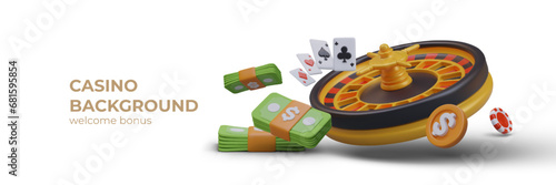 Poster with roulette wheel, playing cards, banknotes, red chips and coins. Placard with place for text. Fortune chance concept. Vector illustration in 3D style