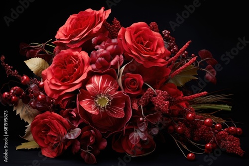  a bouquet of red roses and berries on a black background with leaves and berries on the bottom of the bouquet and berries on the bottom of the bouquet are red berries.