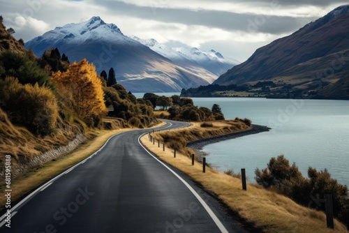  a road with a mountain in the background and a body of water in the foreground with trees in the foreground and a body of water in the foreground.