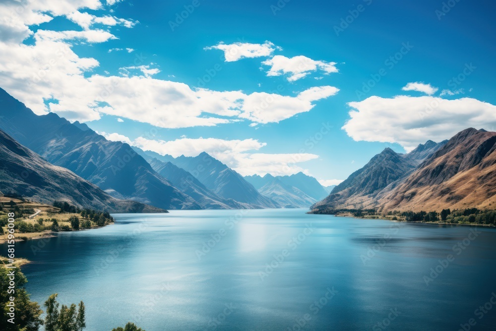  a body of water surrounded by mountains under a blue sky with white clouds and a few green trees in the foreground and a few clouds in the foreground.
