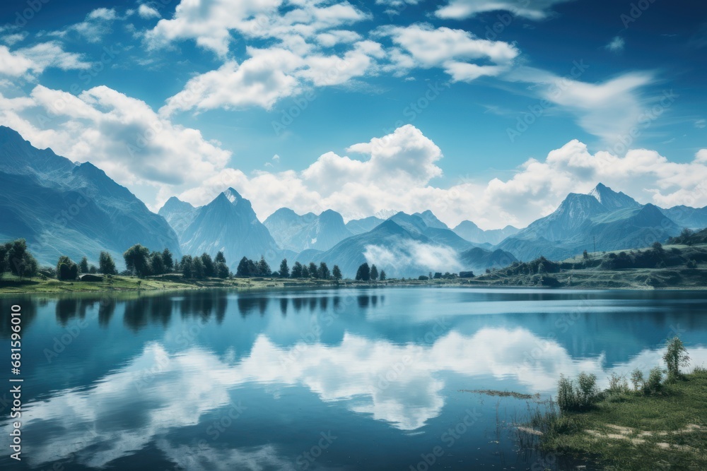  a lake surrounded by mountains under a blue sky with clouds in the foreground and a few trees in the foreground with a few clouds in the foreground.