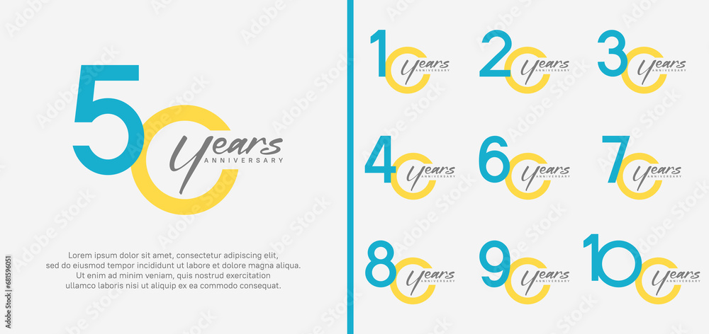 set of anniversary logo blue and yellow color number on white background for celebration set of anniversary logo blue and yellow color number on white background for celebration