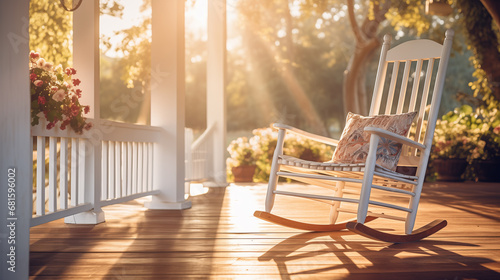 Tranquil Wooden Porch with Rocking Chair at Sunrise