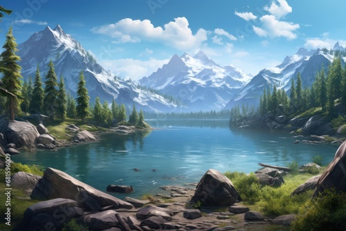  a painting of a mountain lake surrounded by rocks and pine trees with a mountain range in the background and a blue sky with clouds and a few white puffy clouds.