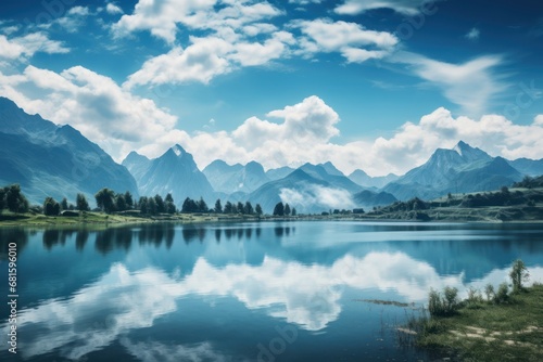  a lake surrounded by mountains under a blue sky with clouds in the foreground and a few trees in the foreground with a few clouds in the foreground.