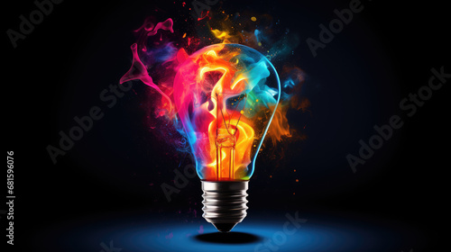 Exploding light bulb with vibrant paint splashes on a black background. Creative idea concept of thinking differently.