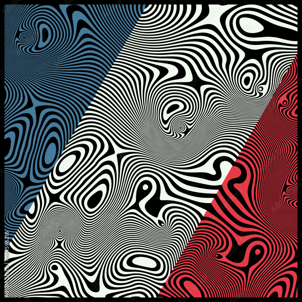 Vintage abstract french flag poster with textured liquid pattern design and optical interference effect of the illusion of movement
