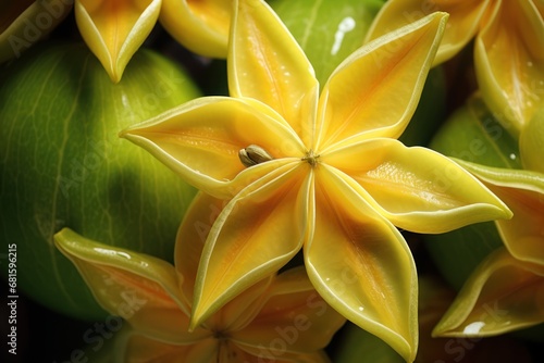  a close up of a bunch of flowers with water droplets on the petals and the petals of the flowers are yellow and the petals are green and the petals are yellow.