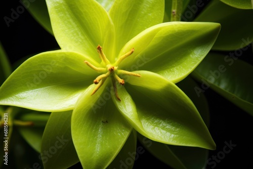  a close up of a green flower with lots of leaves in the middle of the center of the flower and the center of the flower in the middle of the middle of the petals.