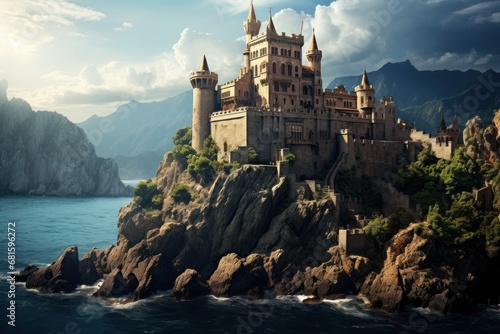  a castle on a rock in the middle of a body of water with a mountain in the background and a blue sky with white clouds in the middle of the picture. photo