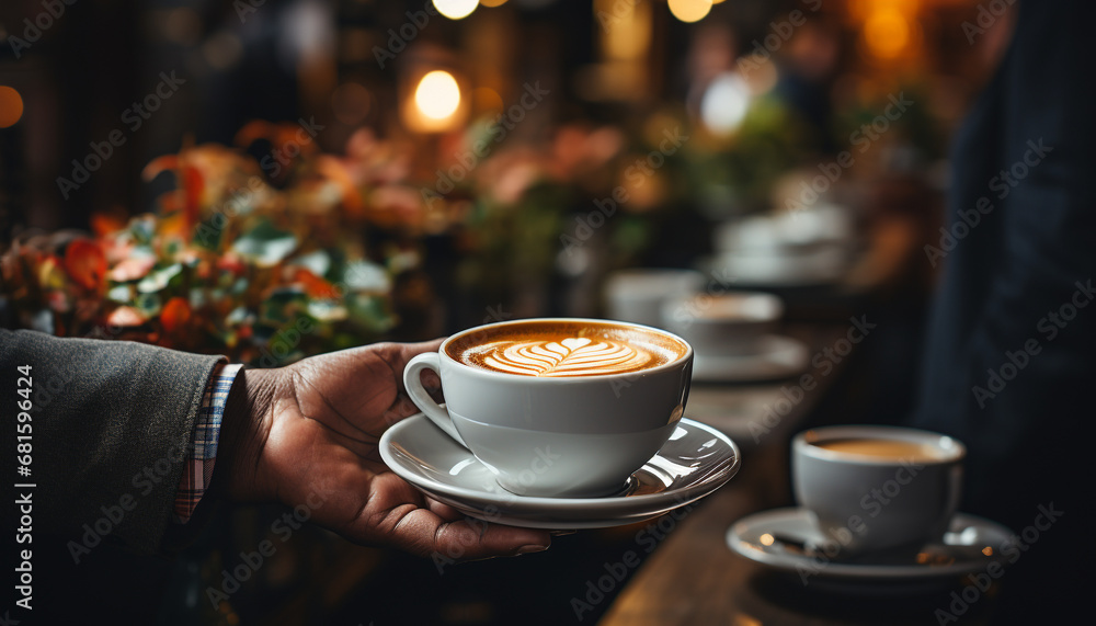 Obraz premium Young adult holding frothy coffee cup in coffee shop generated by AI