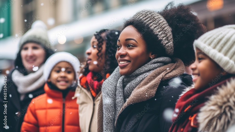 A family happily explores the city's Christmas market on a wintry day. A family happily explores the city's Christmas market on a wintry day.