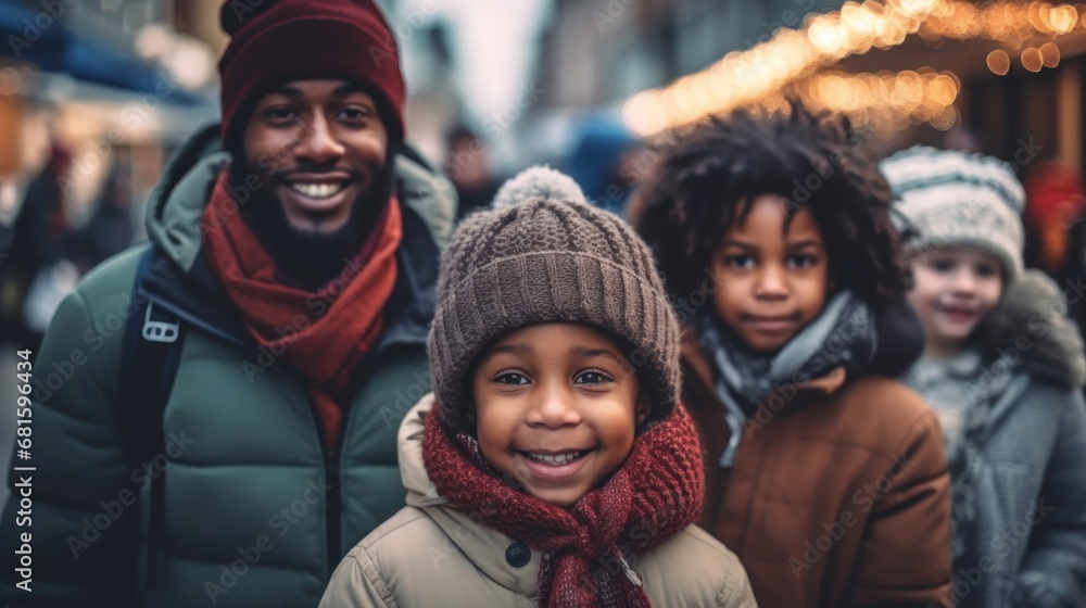 The city street is alive with a cheerful family, enjoying the winter day at the Christmas market. The city street is alive with a cheerful family, enjoying the winter day at the Christmas market.