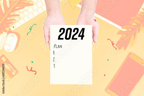 2024 new year with new goals with hand and paper for writing plan collage art design photo