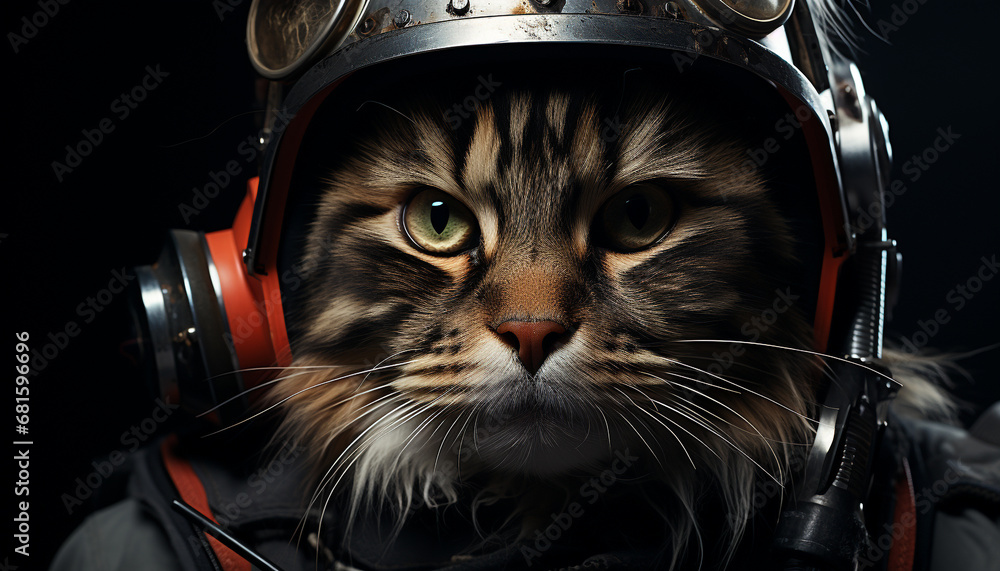 Cute cat wearing headphones, looking at camera, ready to work generated by AI