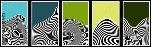 Set of retro ecology banner designs with wavy contrast stripes and optical interference effect. Illusion of movement for poster, flier, invitation, cover, placard.