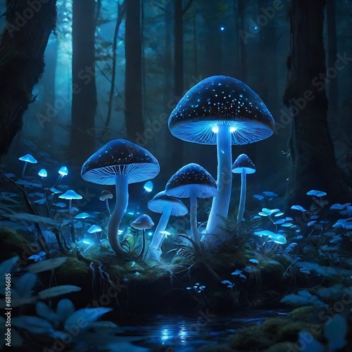 Dark mystery forest where bioluminescent mushrooms emit an otherworldly glow and casting an ethereal light on the surroundings, Mushroom neon illustration in dark background. Generated By AI