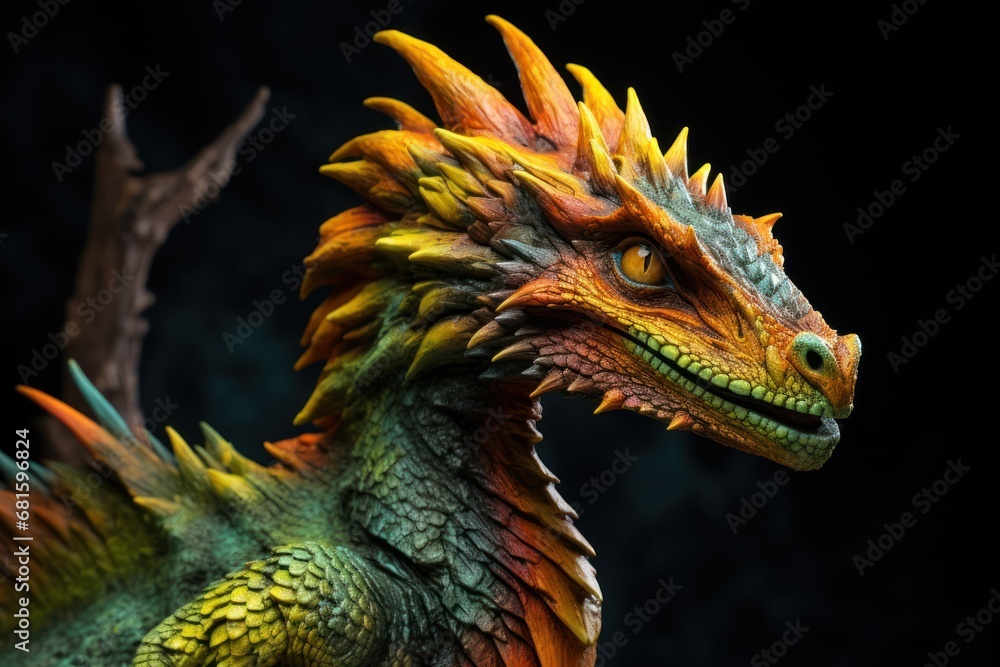 a close up of a statue of a dragon on a black background with a tree branch in the foreground and a black background with a dark sky in the background. a close up of a statue of a dragon on a black background with a tree branch in the foreground and a black background with a dark sky in the background.