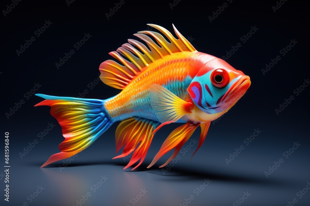 a colorful fish on a black background with a reflection of it's head on the bottom of the fish's body and the bottom part of its body. a colorful fish on a black background with a reflection of it's head on the bottom of the fish's body and the bottom part of its body.