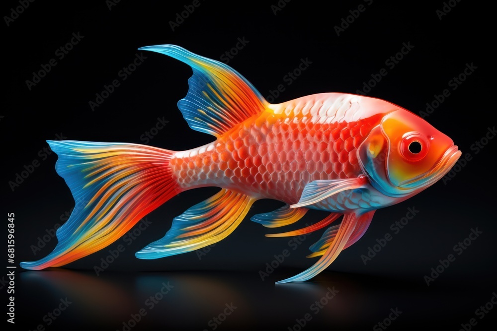  a close up of a goldfish on a black background with a reflection of it's head in the fish's body and it's body in the water.