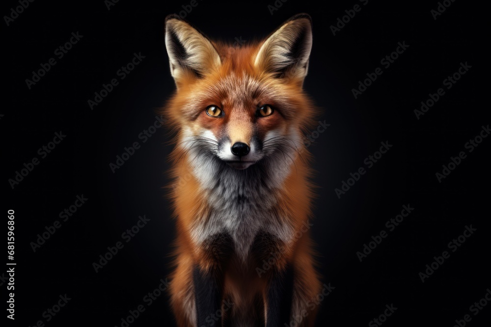 a close - up of a red fox's face on a black background, looking at the camera with a serious look on its face, with a black background. a close - up of a red fox's face on a black background, looking at the camera with a serious look on its face, with a black background.