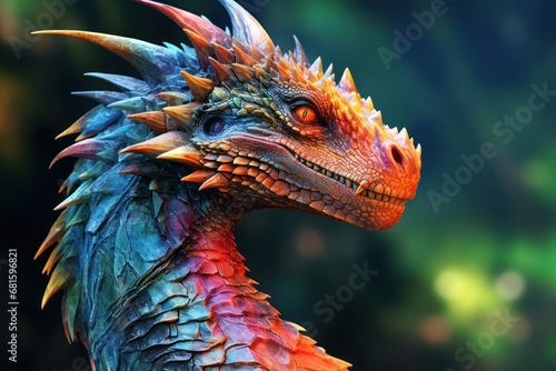  a close - up of a colorful dragon s head with orange  blue  and red feathers and spikes on it s head  with a blurry background.
