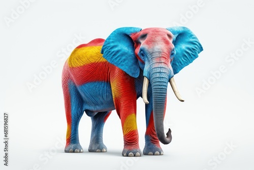  a colorful elephant with tusks and tusks standing in front of a white background with one tusk sticking out of the top of the elephant's trunk.