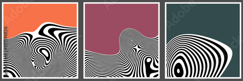 Set of retro banner designs with wavy contrast stripes and optical interference effect. Illusion of movement for poster, flier, invitation, cover, placard.