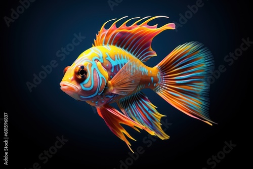  a close up of a colorful fish on a black background with a blue back ground with a black back ground with a black back ground and a blue back ground with a.