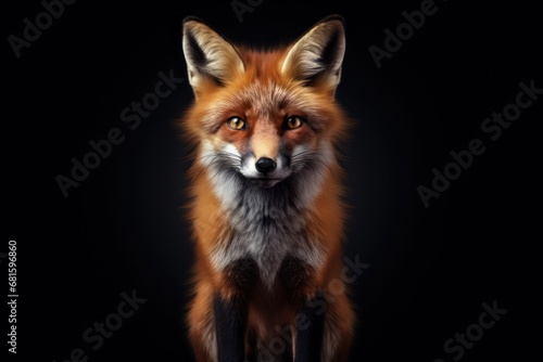  a close - up of a red fox s face on a black background  looking at the camera with a serious look on its face  with a black background.