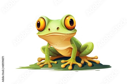  a green frog sitting on top of a green patch of grass with a big orange eyed frog sitting on top of it's legs and looking at the camera.
